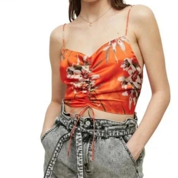 NWT All Saints Alexia Dorada Orange Floral Silk Crop - Picture 8 of 8